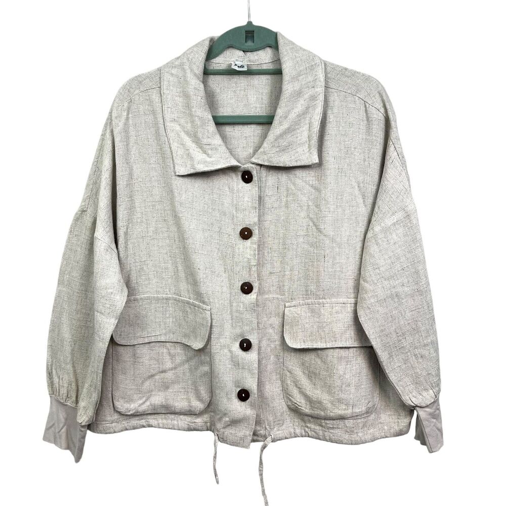 Bale Womens Linen Jacket Drop Shoulders Drawstring Hem Flap Pocket Beige Sz OS*